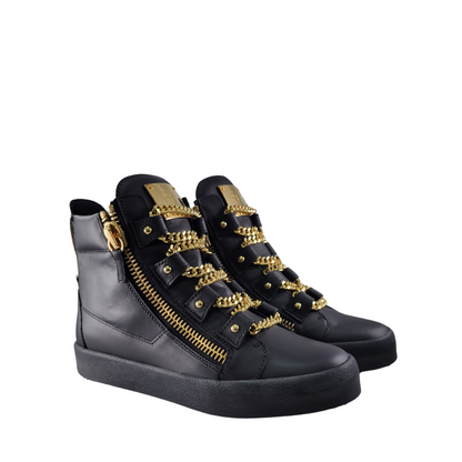 Giuseppe Zanotti Black Leather London Birel Chain Embellished High Top Sneakers