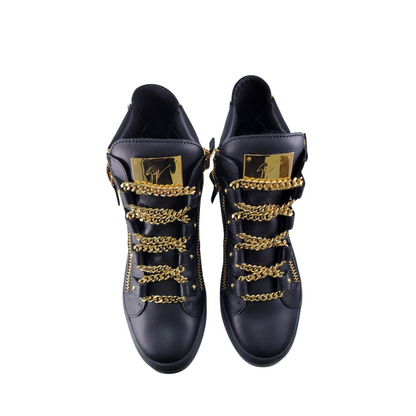 Giuseppe Zanotti Black Leather London Birel Chain Embellished High Top Sneakers