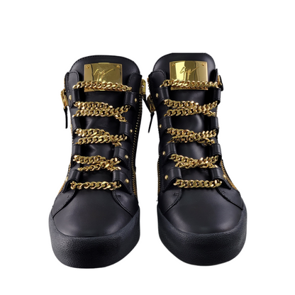 Giuseppe Zanotti Black Leather London Birel Chain Embellished High Top Sneakers