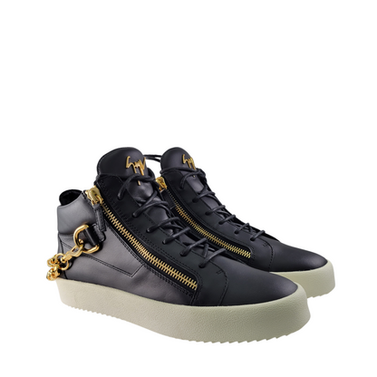 Giuseppe Zanotti Black Leather London Chain Embellished High Top Sneakers