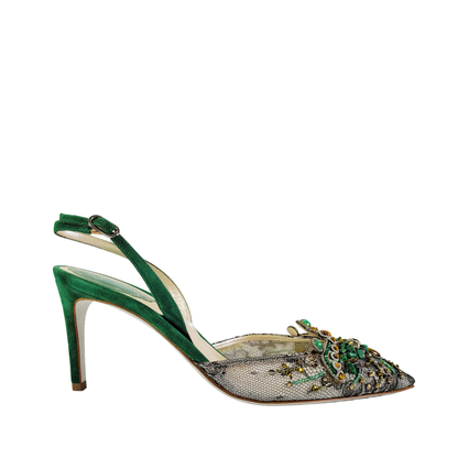 Rene Caovilla Janelle Noir-Argent Lace/Green Corals