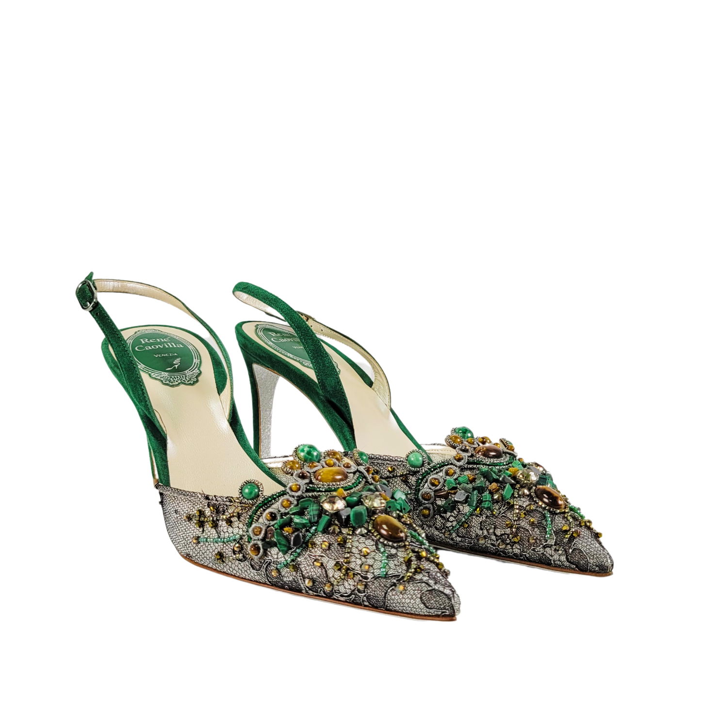 Rene Caovilla Janelle Noir-Argent Lace/Green Corals